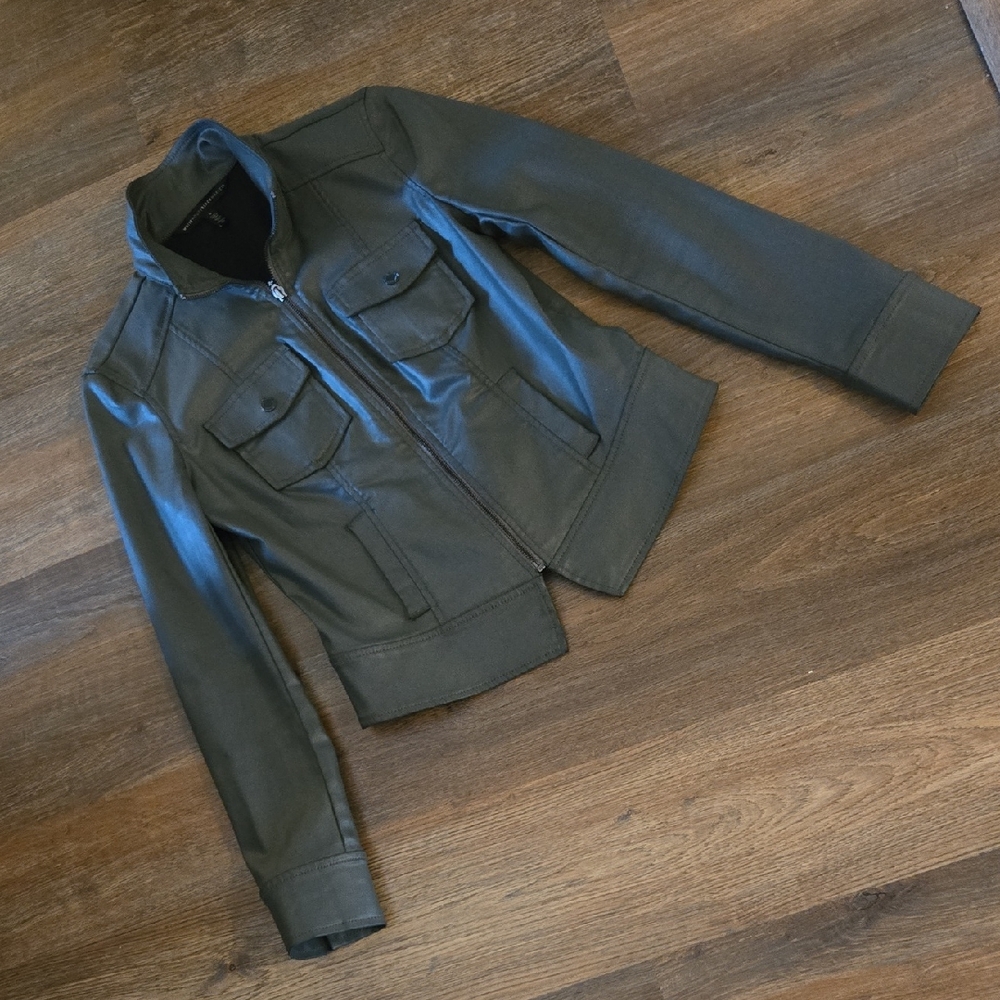 White House Black Market Grey Coated Denim Band Jacket